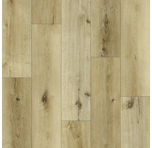 Golv med träutseende med naturlig ådring och kvistar i ljus ekdesign.