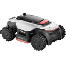 Robotgräsklippare med fyrhjulsdrift, terrängdäck och sensorer för automatisk gräsmatteskötsel i trädgården.