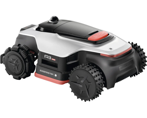 Robotgräsklippare A3 med fyrhjulsdrift och Edgemaster-teknik för precis kantklippning, vit kåpa med svarta terrängdäck.