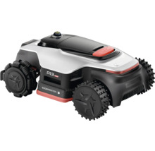Robotgräsklippare med fyrhjulsdrift, kamera, stoppknapp och terränghjul för ojämna ytor.