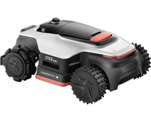 Robotgräsklippare med fyrhjulsdrift, kamera, stoppknapp och terränghjul för ojämna ytor.