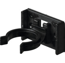 Rörklämma av svart plast med rektangulär monteringsplatta.
