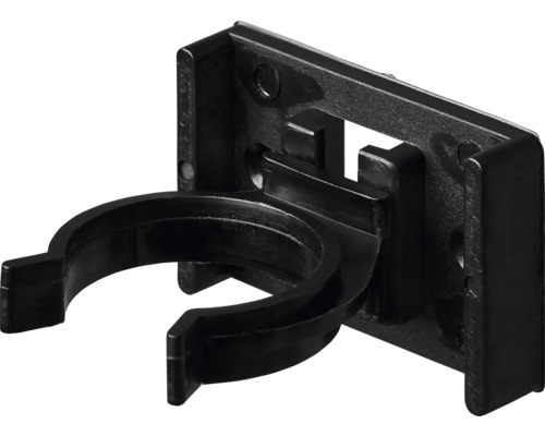 Rörklämma av svart plast med rektangulär monteringsplatta.