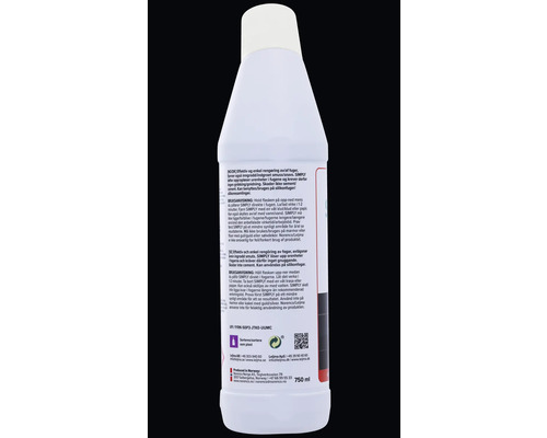 Baksidan av en flaska fogrengöring med bruksanvisning, återvinningssymboler och tillverkarinformation, innehåll 750 milliliter.