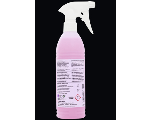 Rengöringsspray i en 600 milliliters sprayflaska med vitt sprayhuvud och rosa vätska.