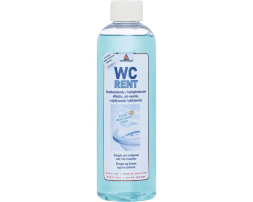 Norenco WC Rent, snabbverkande och pH-neutralt trögflytande rengöringsmedel för toaletter i genomskinlig flaska.