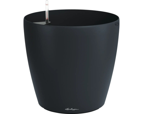 Rund blomkruka Lechuza Classico i svart med integrerat bevattningssystem och vattennivåmätare.