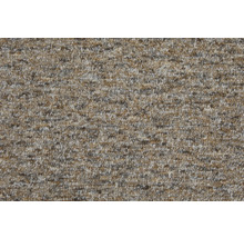 Heltäckningsmatta med melerad öglestruktur i beige och brunt.