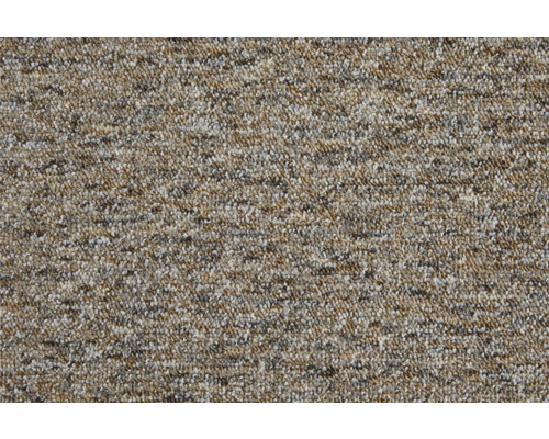 Heltäckningsmatta med melerad öglestruktur i beige och brunt.