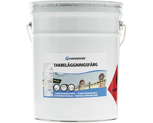 Hagmans takbeläggningsfärg i en vit metallhink.