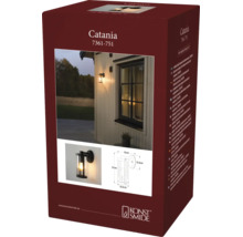 Produktförpackning för Konstsmide utomhusvägglampa Catania med miljöbild, detaljvy och måttskiss för den 27 centimeter höga lampan.