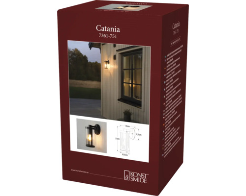 Produktförpackning för Konstsmide utomhusvägglampa Catania med miljöbild, detaljvy och måttskiss för den 27 centimeter höga lampan.