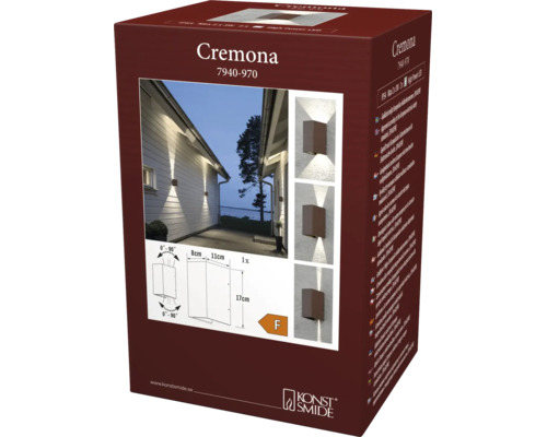 Förpackning för Konstsmide Cremona utomhusvägglampa med justerbar ljuskägla, energiklass F, 11 gånger 8 gånger 17 centimeter, Konstsmide Logo.