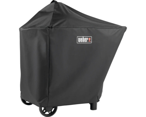 Svart Weber grillöverdrag av väderbeständigt material med Weber Logo.