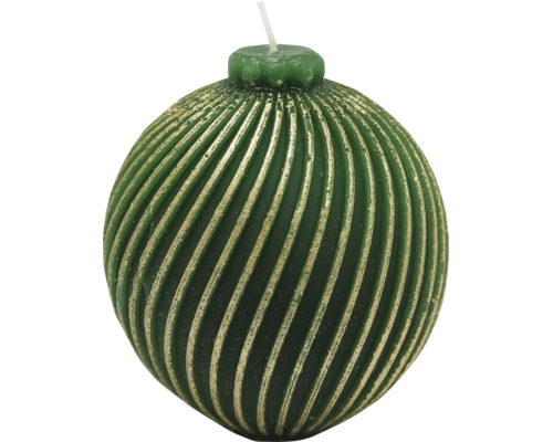 Grönt ljus i form av en kula med räfflad yta och guldinslag, designat som en julkula med veke upptill.