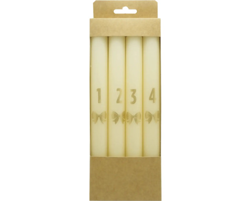 Adventsljus i 4-pack med siffrorna 1 till 4 och rosettmotiv i kartongförpackning. Adventsljus i 4-pack med siffrorna 1 till 4 och rosettmotiv i kartongförpackning.