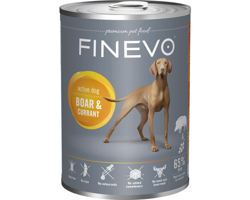 FINEVO våtfoder för aktiva hundar med vildsvin och vinbär, spannmålsfritt och utan soja.