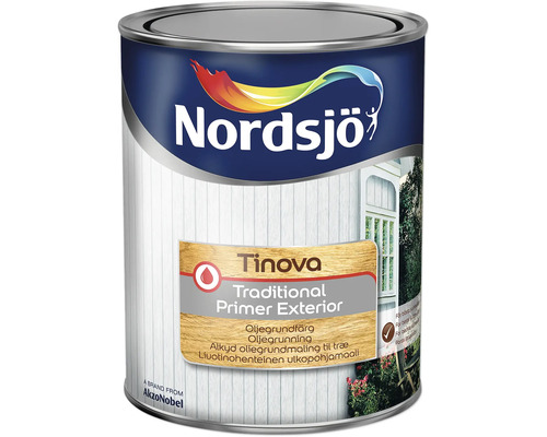 Burk med Nordsjö Tinova Traditional Primer Exterior, oljegrundfärg för trä utomhus.