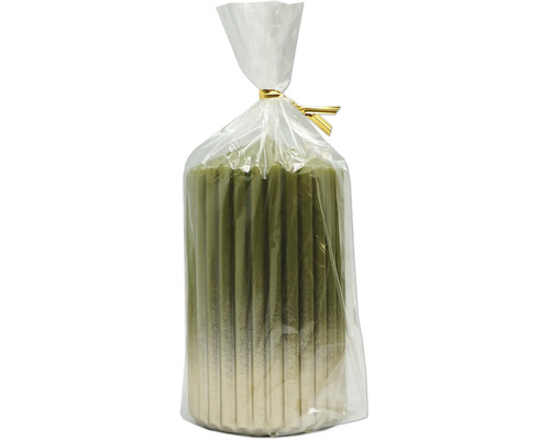 Set med gröna antikljus i transparent plastförpackning med guldfärgat clips.