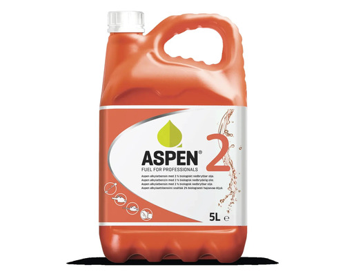 Aspen 2 alkylatbensin för tvåtaktsmotorer i 5 liters dunk med 2 procent biologiskt nedbrytbar olja.