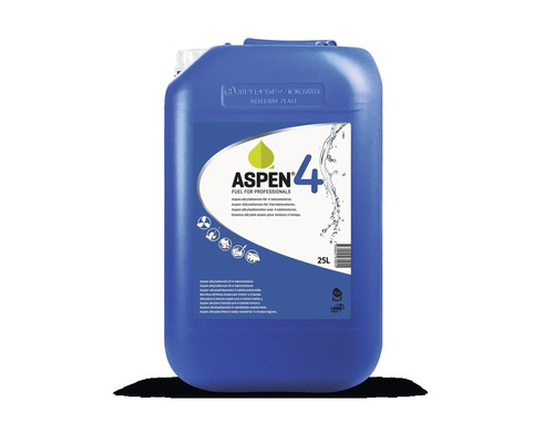 Blå 25 liters dunk med Aspen 4 alkylatbensin för fyrtaktsmotorer.