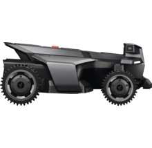 Robotgräsklippare Segway Navimow sedd från sidan med grova däck och modern mörkgrå kaross.