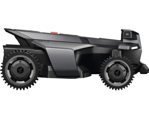 Robotgräsklippare Segway Navimow sedd från sidan med grova däck och modern mörkgrå kaross.
