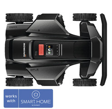 Segway Navimow robotgräsklippare sedd ovanifrån med kontrollpanel, stoppknapp och mönstrade hjul, kompatibel med Smart Home by hornbach.
