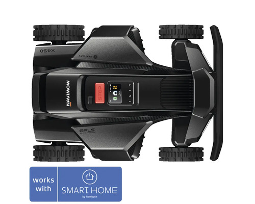 Segway Navimow robotgräsklippare sedd ovanifrån med kontrollpanel, stoppknapp och mönstrade hjul, kompatibel med Smart Home by hornbach.
