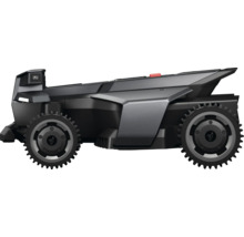 Segway Navimow robotgräsklippare i svart och grått med mönstrade hjul, sidovy.