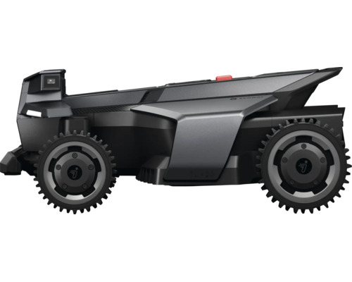 Segway Navimow robotgräsklippare i svart och grått med mönstrade hjul, sidovy.