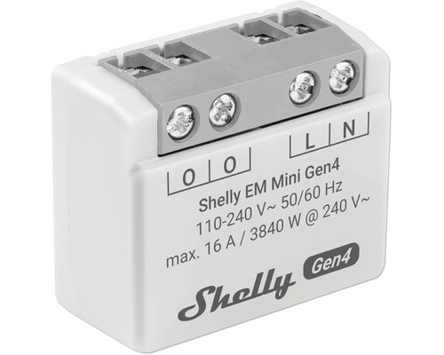 Shelly EM Mini Gen4 energimätare för smarta hem, maximalt 16 Ampere, kompakt design med skruvplintar.