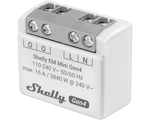 Shelly EM Mini Gen4 WiFi-energimätare med skruvplintar för 110 till 240 Volt och maximalt 16 Ampere.