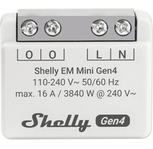 Shelly EM Mini Gen4 smart hem-energimätare med skruvplintar, Shelly Logo, 110 till 240 volt, 50 till 60 hertz, maximalt 16 ampere och 3840 watt.