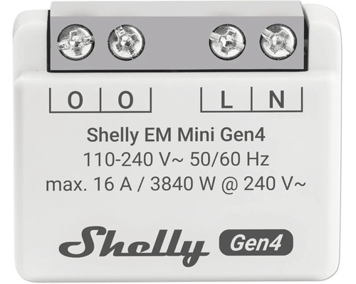 Shelly EM Mini Gen4 smart hem-energimätare med skruvplintar, Shelly Logo, 110 till 240 volt, 50 till 60 hertz, maximalt 16 ampere och 3840 watt.