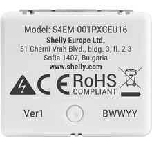 Baksida av en Shelly smarta hem modul modell S4EM-001PXCEU16 med CE märkning, RoHS överensstämmelse och varning för elektrisk spänning.