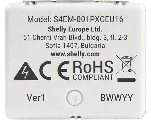 Baksida av en Shelly smarta hem modul modell S4EM-001PXCEU16 med CE märkning, RoHS överensstämmelse och varning för elektrisk spänning.