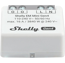Vit Shelly EM Mini Gen4 energimätare för infällt montage, 110 till 240 Volt, maximalt 16 Ampere, Shelly Logo.