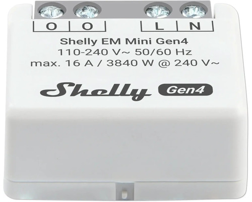Vit Shelly EM Mini Gen4 energimätare för infällt montage, 110 till 240 Volt, maximalt 16 Ampere, Shelly Logo.