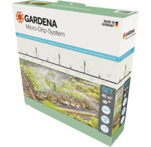 Gardena Micro-Drip-System droppbevattningsset för grönsaksland och blombänkar upp till 40 kvadratmeter, tillverkat i Tyskland. Gardena Logo.