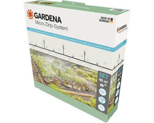 Gardena Micro-Drip-System droppbevattningsset för grönsaksland och blombänkar upp till 40 kvadratmeter, tillverkat i Tyskland. Gardena Logo.