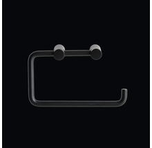 Toalettpappershållare i metall i svart färg, minimalistisk design med väggfäste.