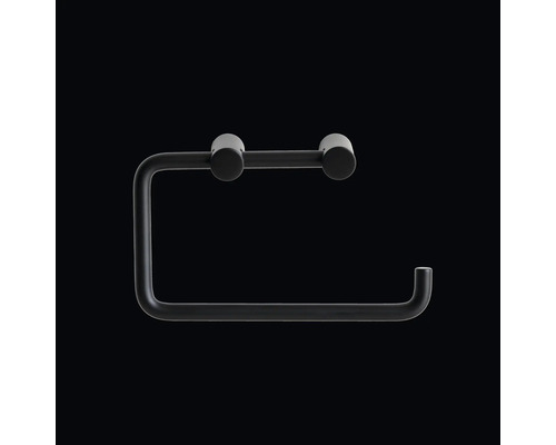 Toalettpappershållare i metall i svart färg, minimalistisk design med väggfäste.