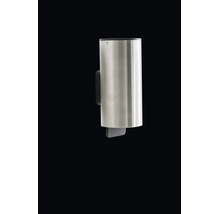Cylindrisk utomhusvägglampa i rostfritt stål med svart väggfäste, modern design.
