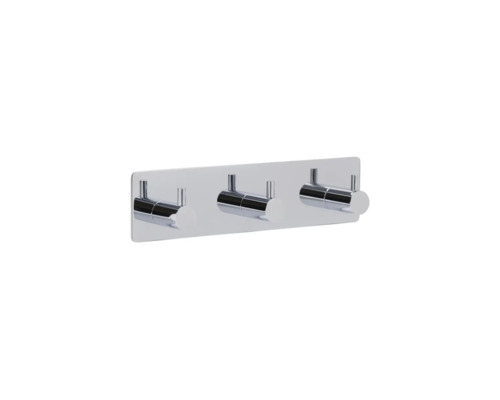 Väggkroklist med tre krokar av förkromad metall för badrum och kök.