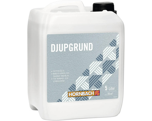 Hornbach djupgrund vattenlöslig i 5 liters dunk för inomhusbruk och utomhusbruk räcker till circa 30 kvadratmeter. Hornbach Logo.