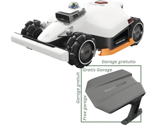Mammotion robotgräsklippare med gratis garage, fyrhjulsdrift och sensorer för navigering.