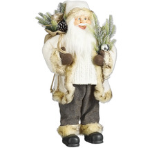 Dekorationsfigur jultomte i vit pälsrock med säck fylld av granris och presenter