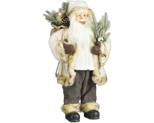 Dekorationsfigur jultomte i vit pälsrock med säck fylld av granris och presenter