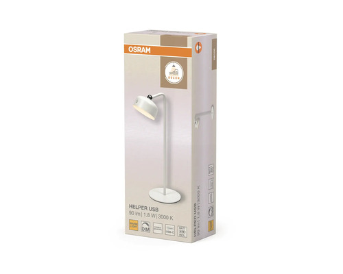 Osram Helper USB bordslampa i förpackning, 90 lumen, 1,8 watt, 3000 kelvin, dimbar, inklusive USB-C-anslutning och batteri.